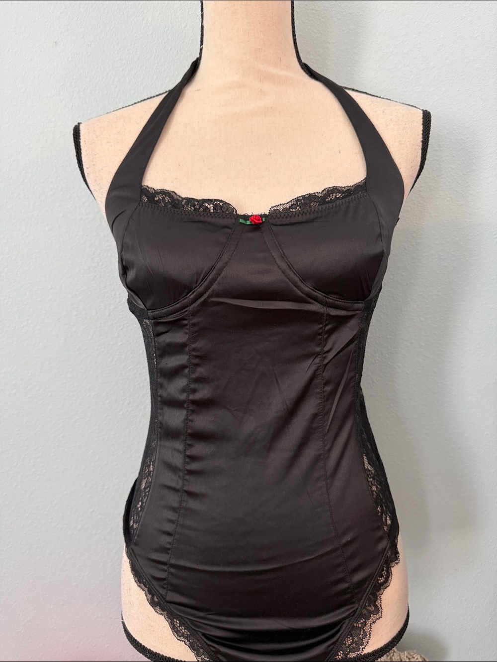 NWT Free People Intimately Lace-Trim Satin Bodysuit Halter Size S